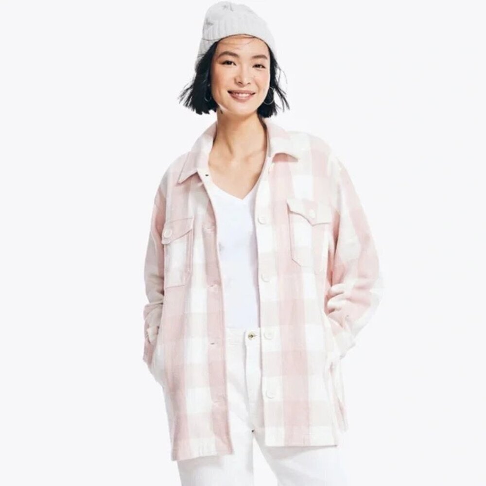 Nautica Shacket Pink White Buffalo Check Button Down Shirt Jacket Soft XXL